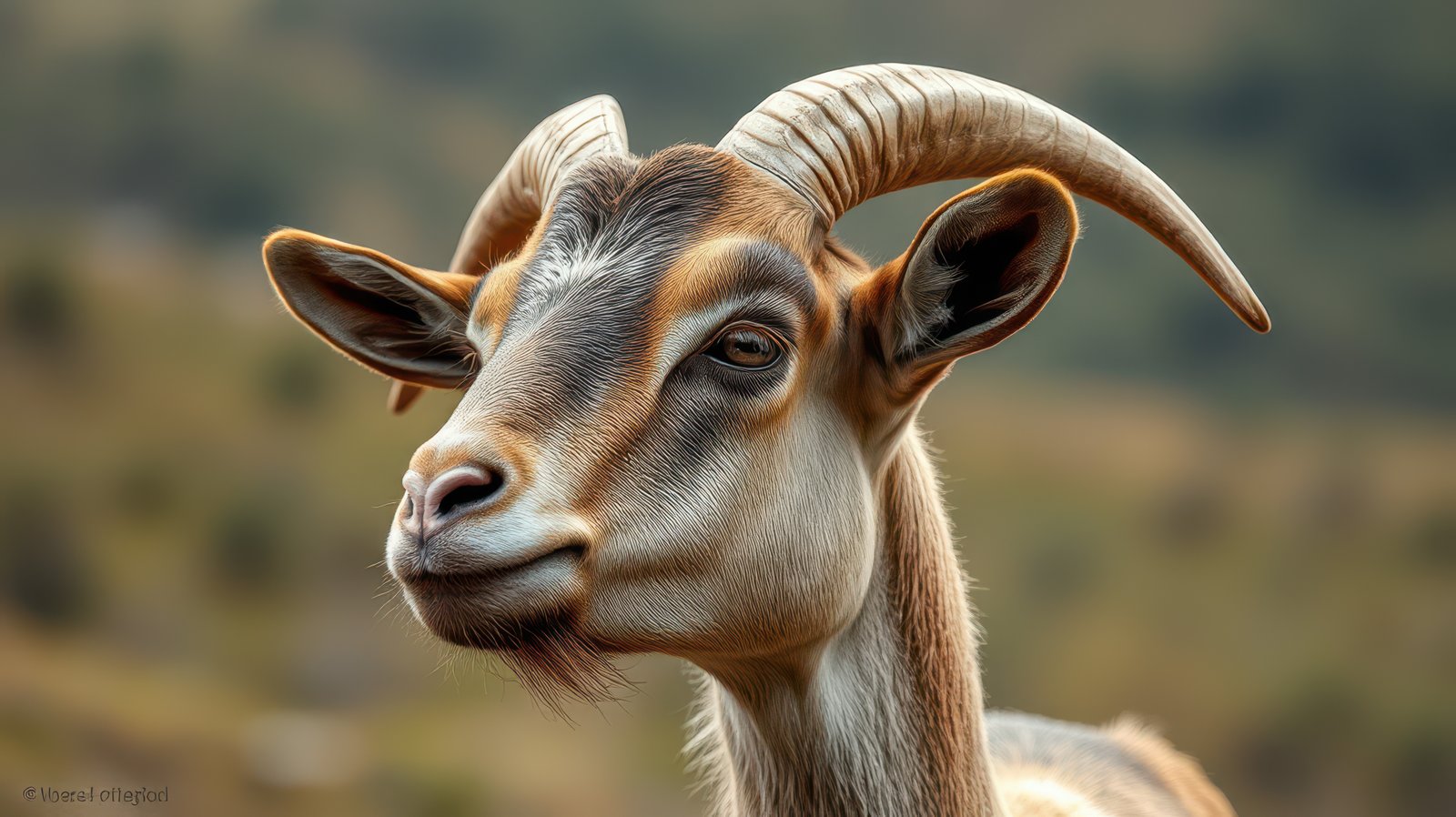 Goat with majestic horns showcases its unique features in a natural setting during daylight hours